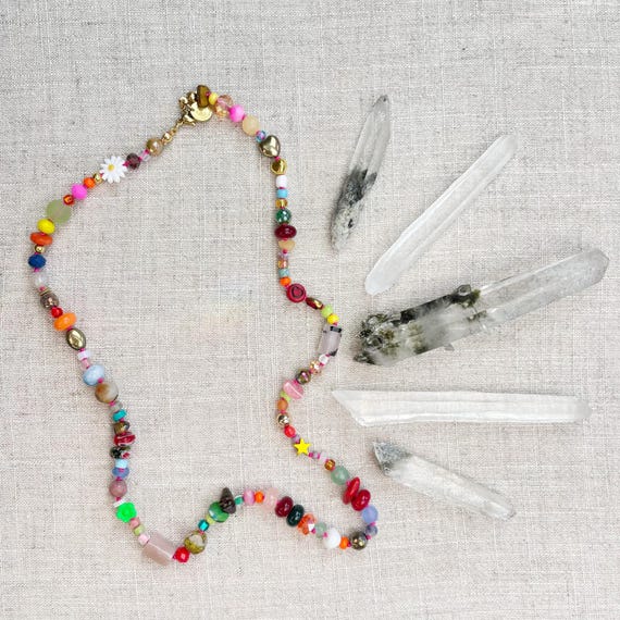 Confetti/// Colorful Crystal Gemstone Hand Knotted Beaded Necklace (DEJ-BBCA10-18)