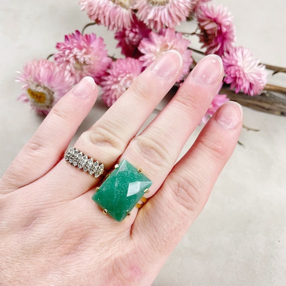 Gold Faceted Green Aventurine Rectangle Gemstone Adjustable Ring (EPJ-RTD12-10)