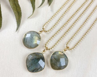 Gold Faceted Labradorite Gemstone Necklace, Gold Layering Pendant Necklace (EPJ-N24A11)