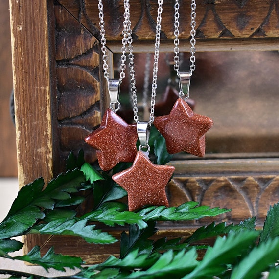 Red Goldstone 20mm Star Necklace, Silver Gemstone Necklace, Layering Statement Necklace (EPJ-NW20AEA10)