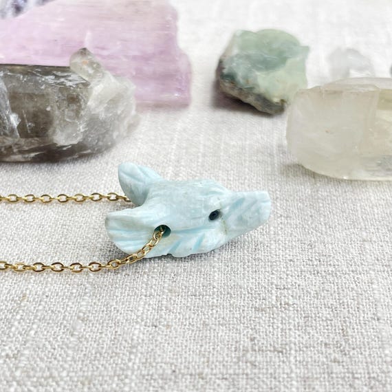 Mini Larimar Carved Wolf Necklace (EPJ-WAAA22)