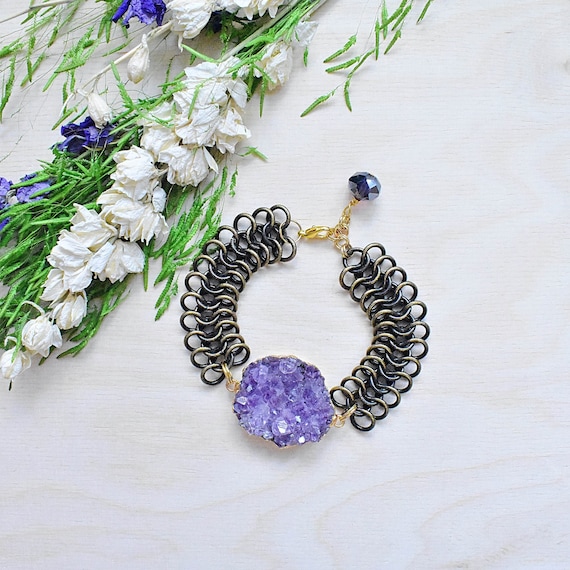 Amethyst Druzy Brass Chainmaille Chain Bracelet, Gemstone Adjustable Chain Bracelet, Amethyst Druzy Stone Bracelet (EPJ-BH20ABA12)