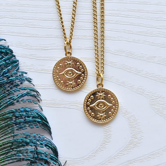 Eye Symbol Charm Necklace/ Eye Cooin Necklace/ Gold Plated Charm Necklace/ Eye Design Charm/ Gold Coin Necklace (EPJ-NC19CAB18)