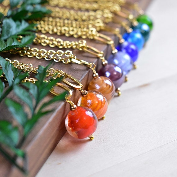 Gold Colorful Orb Glass Drop Necklace, Gold Glass Oval Bead Necklace, Statement Layering Charm Necklace (EPJ-N20A17)