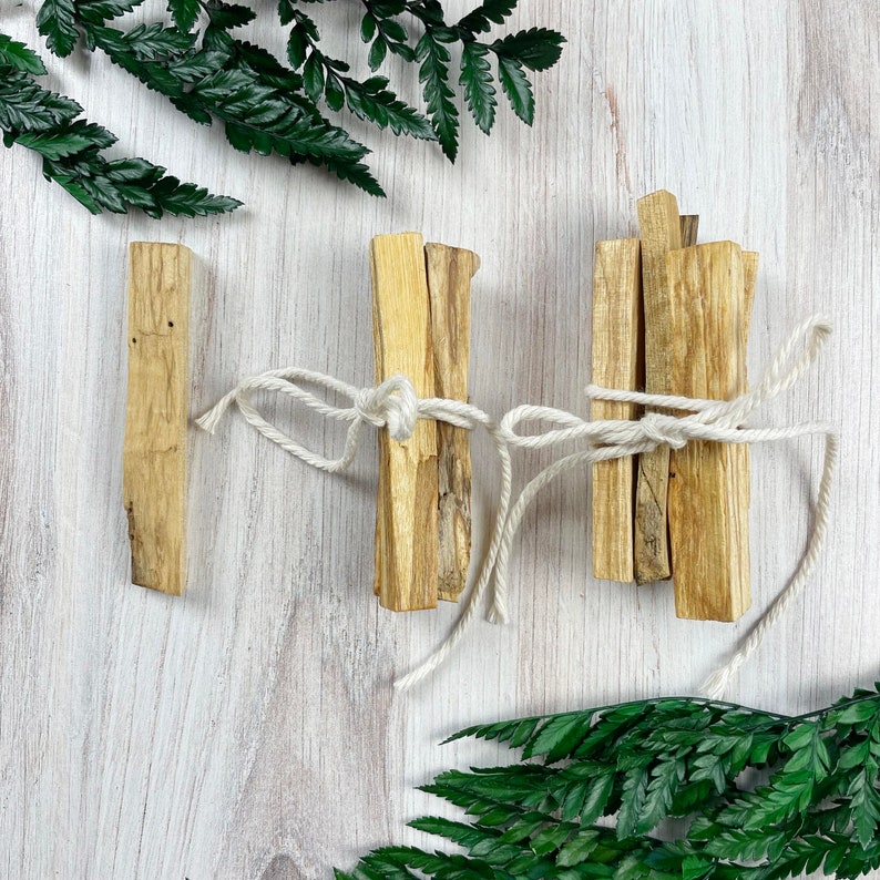 May include: Three bundles of Palo Santo wood tied with white twine, arranged on a light wood-grain surface. Green fern and leaf accents frame the bundles. The wood has a light brown color.