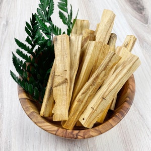 May include: A wooden bowl filled with light brown Palo Santo sticks and green fern leaves. The Palo Santo sticks have a natural wood grain pattern. The bowl is made of wood and has a natural finish. The fern leaves are a deep green color.