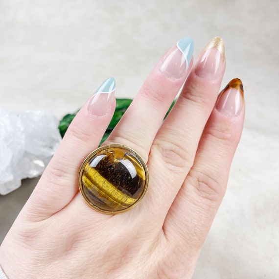 Gold Tiger Eye Cabochon Stainless Steel Adjustable Ring (EPJ-RAB18-TE)