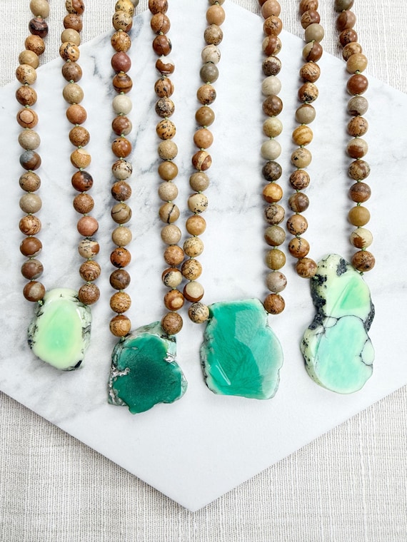 Sienna/ Picture Jasper Green Grass Agate Slab Beaded Necklace (EPJ-NSE34)