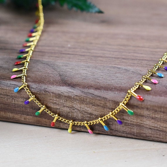 Rainbow Pennon Stainless Steel Choker Necklace, Colorful Enamel Statement Necklace, Delicate Layering Charm Necklace (EPJ-N208CAA12)