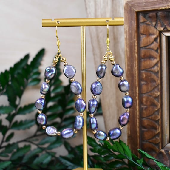 Purple Pearl Beaded Drop Earrings, Gold Gemstone Chandelier Earrings, Natural Freshwater Pearl Stone (EPJ-E21E12)