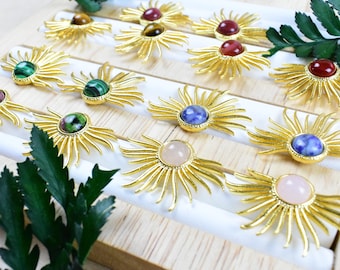 Gold Sun Ray Stud Earrings: Gemstone Cabochon, 33x21mm