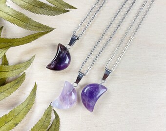 Amethyst 19x12mm Crescent Moon Necklace, Silver Gemstone Necklace, Layering Statement Necklace (EPJ-N24A53)