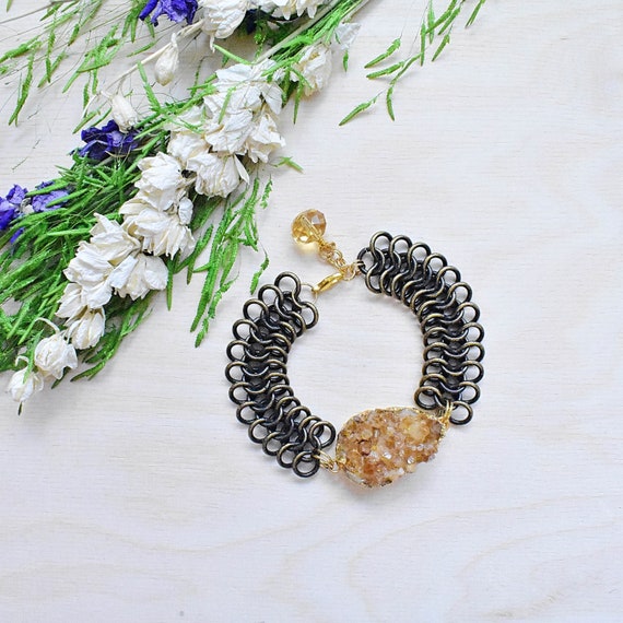 Citrine Druzy Brass Chainmaille Chain Bracelet, Gemstone Adjustable Chain Bracelet, Citrine Druzy Stone Bracelet (EPJ-BH20ABA11)