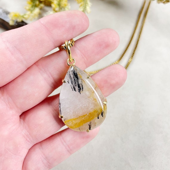 Gold Included Quartz Cabochon Prong Necklace (EPJ-NA25-4)