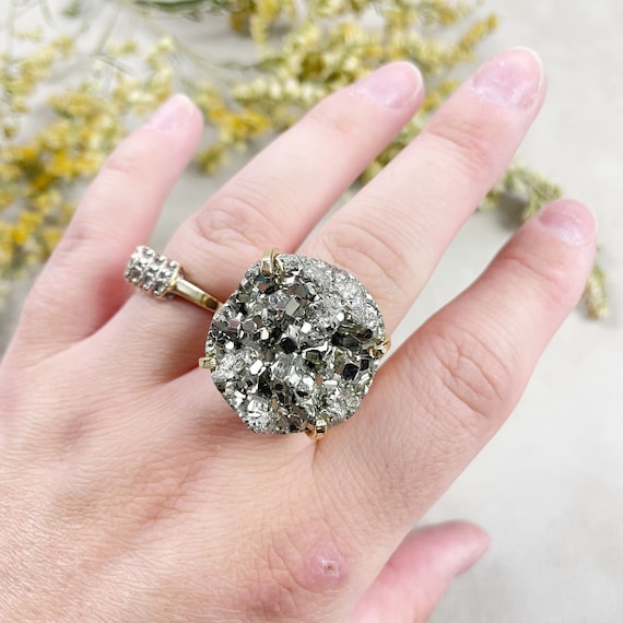 Gold Round Pyrite Statement Arc Ring (EPJ-RA13-3)