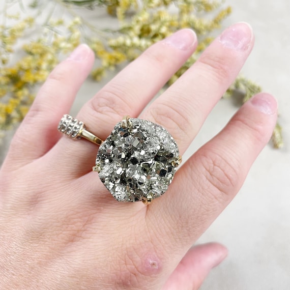 Gold Round Pyrite Statement Arc Ring (EPJ-RA13-3)