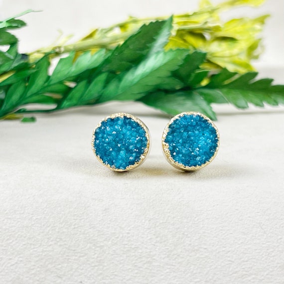 Blue Round Druzy Stud Earrings (EPJ-E3BAB10-BL)