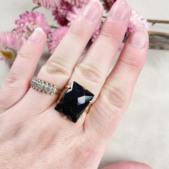 Gold Faceted Onyx Rectangle Gemstone Adjustable Ring (EPJ-RTD12-2)