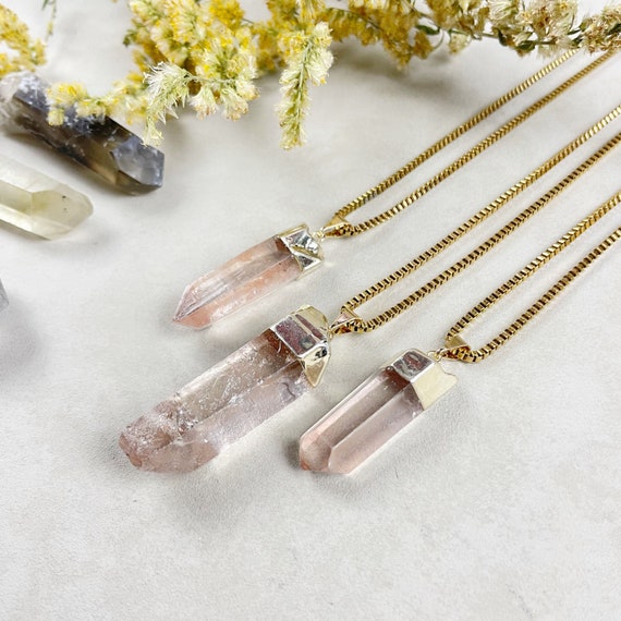 Gold Pink Lemurian Quartz Point Necklace (EPJ-NA22)