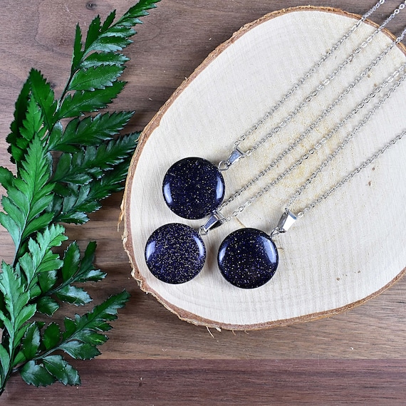 Blue Goldstone 20mm Round Necklace, Silver Gemstone Necklace, Layering Statement Necklace (EPJ-NW20ADA21)