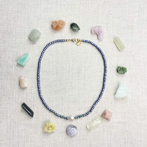 Indigo Czech Glass Beaded Necklace: Gold Chain, Freshwater Pearl