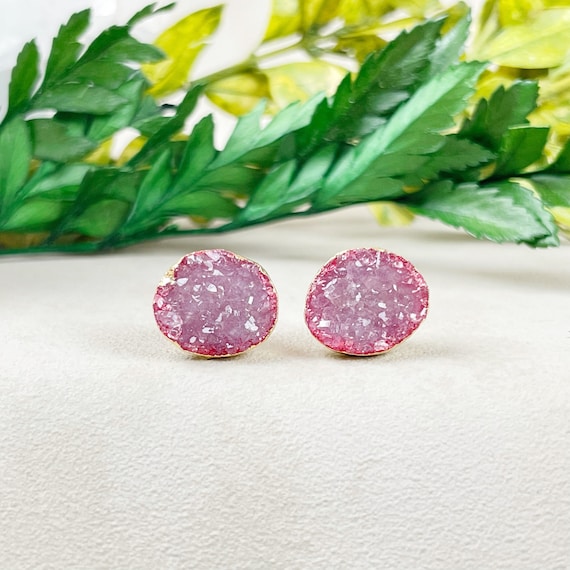 Pink Freeform Druzy Stud Earrings (EPJ-ERAA13-PK)