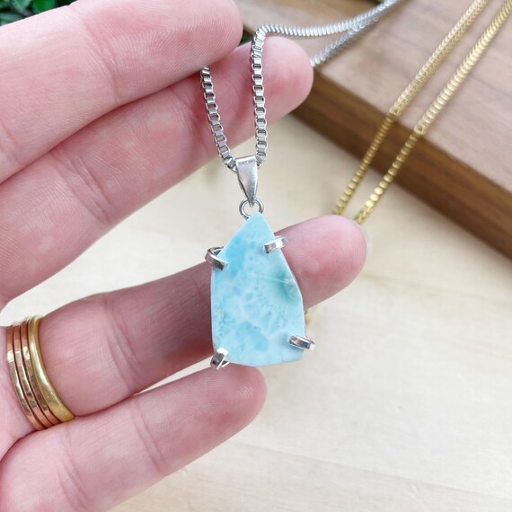 Freeform Larimar Necklace, Gold Gemstone Stone Charm Necklace, Layering Simple Necklace (EPJ-NAWA20)