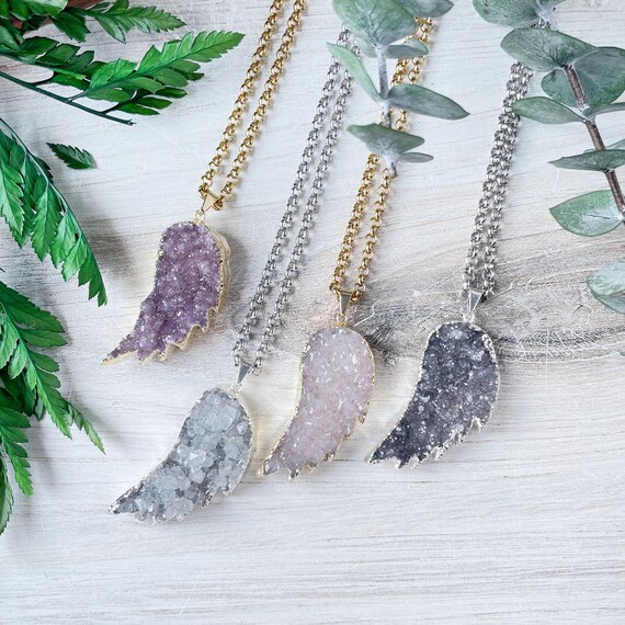 Large Gold or Silver Druzy Angel Wing Necklace (EPJ-NAAA31)