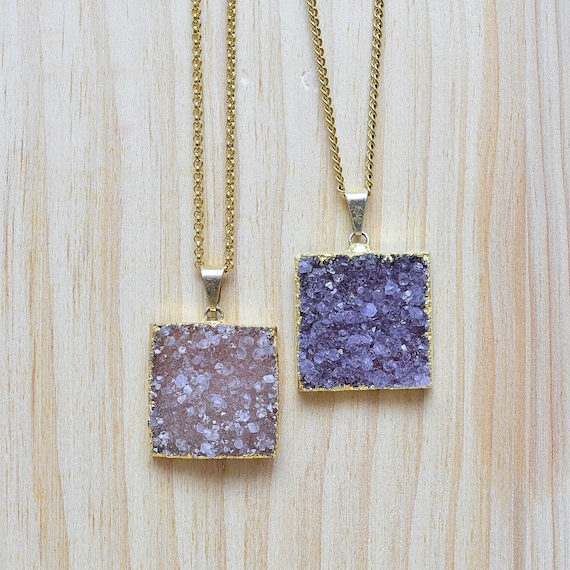 Large Square Druzy Necklace, Gold Gemstone Layering Pendant Necklace (EPJ-N19SAI11)