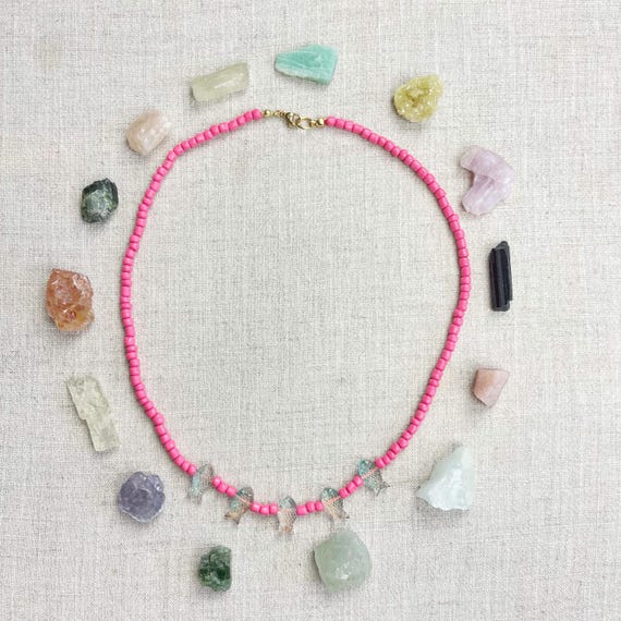 Finnie/// Pink Fish and Glass Seed Beaded Layering Necklace (EPJ-NSB48-PK)