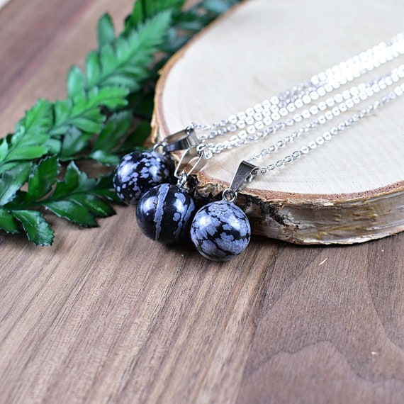 Snowflake Obsidian 14mm Orb Necklace, Silver Gemstone Necklace, Layering Statement Necklace (EPJ-NW20AAB28)