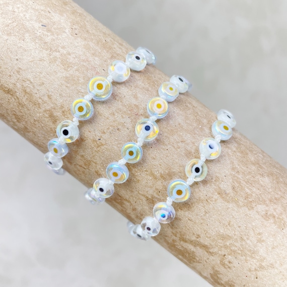 Gena// White Aura Evil Eye Beaded Handknotted Bracelet (EPJ-BSBB11-WH)