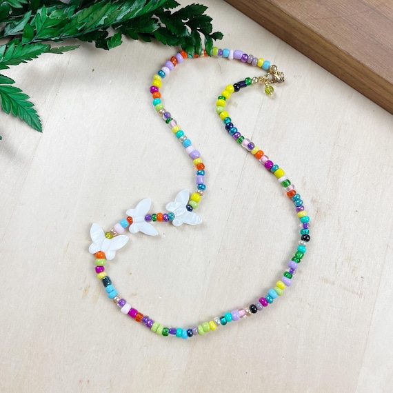 Peta/// Rainbow Butterfly Beaded Necklace, Gold Colorful Choker Necklace, Layering Statement Necklace (DEJ-21BAA15)