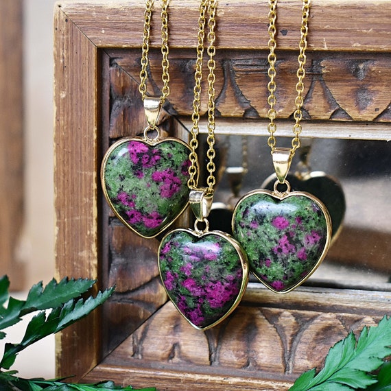 Large Zoisite Heart Necklace, Gold Gemstone Necklace, Layering Statement Necklace (EPJ-NW20BAA19)