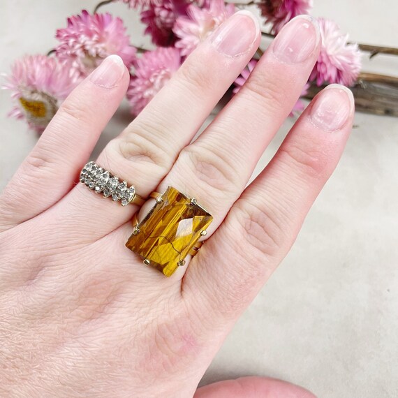 Gold Faceted Tiger Eye Rectangle Gemstone Adjustable Ring (EPJ-RTD12-4)