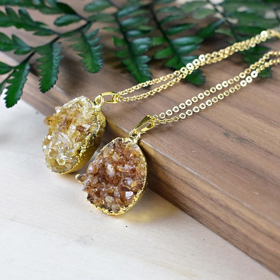 Citrine Druzy Necklace, Gold Yellow Crystal Necklace, Statement Layering Necklace (EPJ-NL20DBA10)