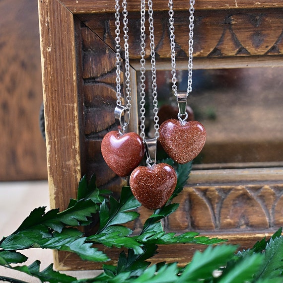 Small 16mm Red Goldstone Heart Necklace, Silver Gemstone Necklace, Layering Statement Necklace (EPJ-NW20ABD31)