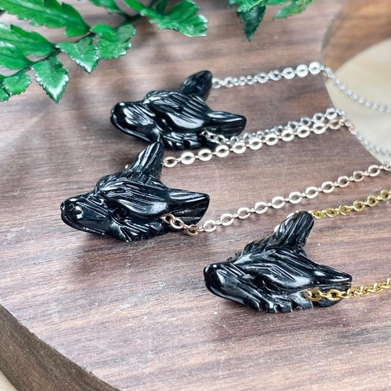 Mini Black Onyx Carved Wolf Necklace, Gold Gemstone Layering Necklace, Statement Pendant Necklace (EPJ-WAAA26)