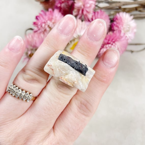 Tourmaline in Quartz Raw Carved Ring-Size 5 (EPJ-RCGA15-12)