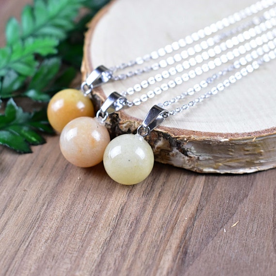 Yellow Aventurine 14mm Orb Necklace, Silver Gemstone Necklace, Layering Statement Necklace (EPJ-NW20AAB16)