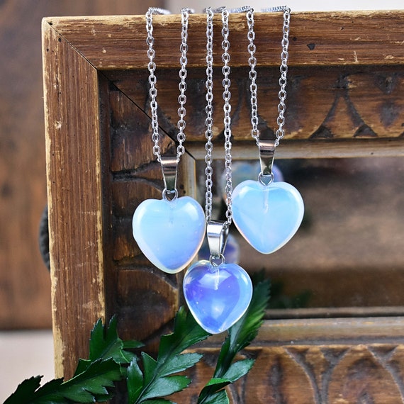 Opalite Heart Necklace: Silver Plated Chain, 16mm Gemstone  display picture 2