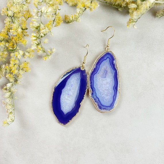 Gold Purple Agate Slice Dangle Earrings (EPJ-EL20AAA10-21)