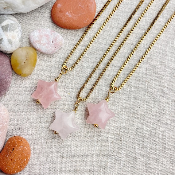 Rose Quartz Star Bead Pendant Gold Necklace (EPJ-N3AA11-RQ)