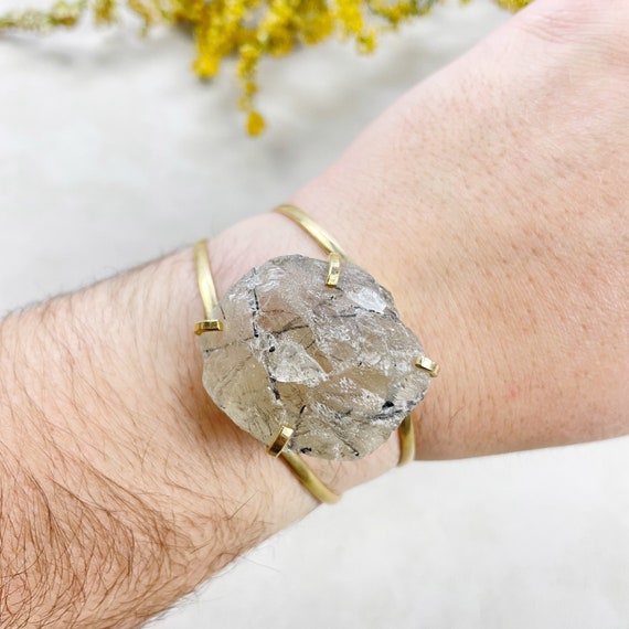 Gold Rough Tourmaline in Quartz Statement Cuff Bracelet (EPJ-BAAA1-7)