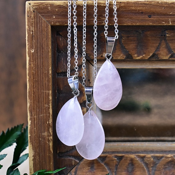 Rose Quartz 16x24mm Teardrop Necklace, Silver Gemstone Necklace, Layering Statement Necklace (EPJ-NW20AAA11)