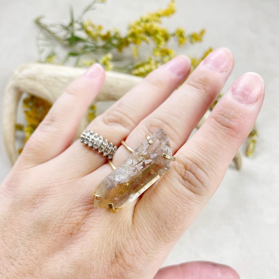 Gold Lemurian Smoky Quartz Statement Wire Ring (EPJ-RSD12-1)