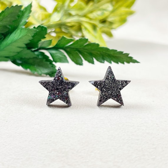Black Druzy Star Cabochon Stud Earrings (EPJ-ERAA10-BK)