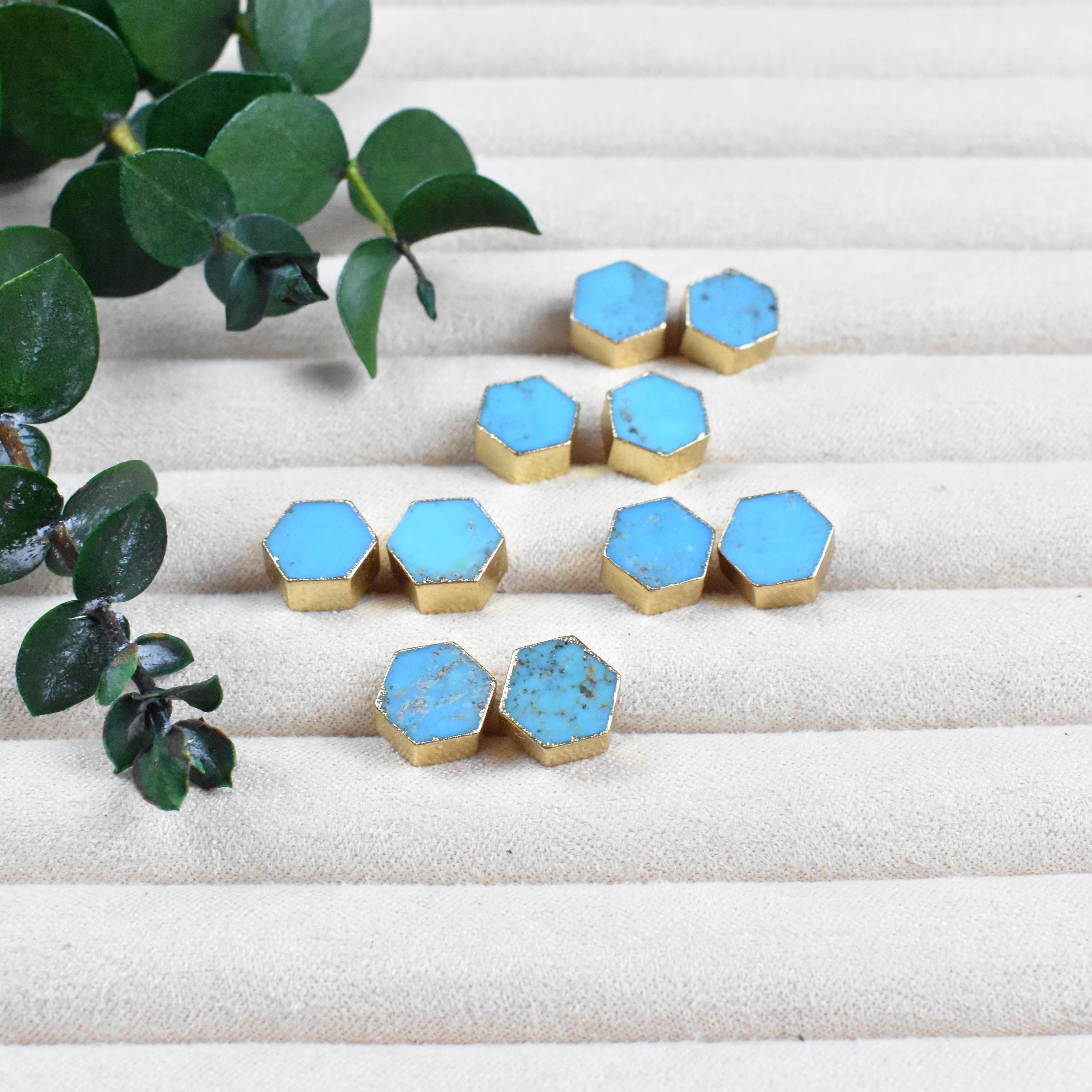 Hexagon Turquoise Stud Earrings Gold Gemstone Earrings Etsy