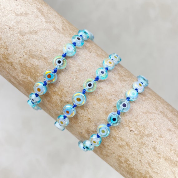 Gena// Aqua Aura Evil Eye Beaded Handknotted Bracelet (EPJ-BSBB11-AQ)