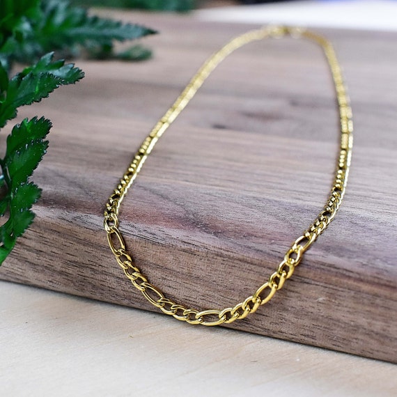 Gold Stainless Steel Figaro Chain Choker Necklace, Gold Chain Choker, Statement Necklace (EPJ-N208CAA16)